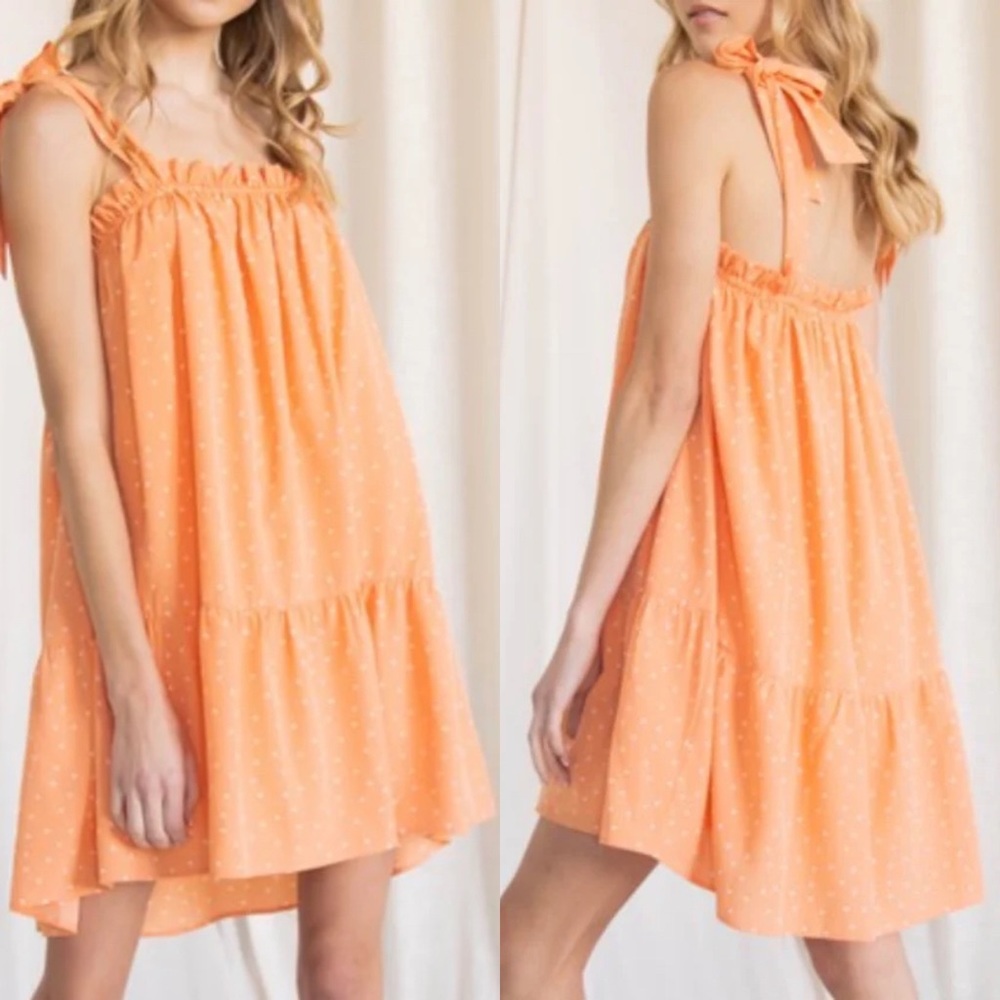 Lucca Orange White Polka Dot Shoulder Tie Babydoll Dress Size Large